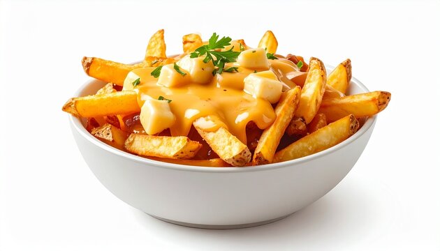 White bowl of poutine with golden fries, pale cheese curds, and glossy brown gravy on white background.