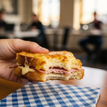 Hand holds a half-eaten croque monsieur sandwich with ham, melted cheese, on a blue cloth.