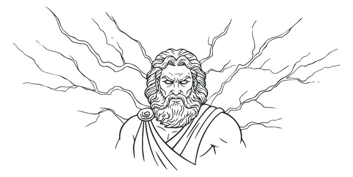 A powerful illustration of Zeus, the Greek god of thunder and lightning, in black and white outline style, suitable for mythology-themed projects