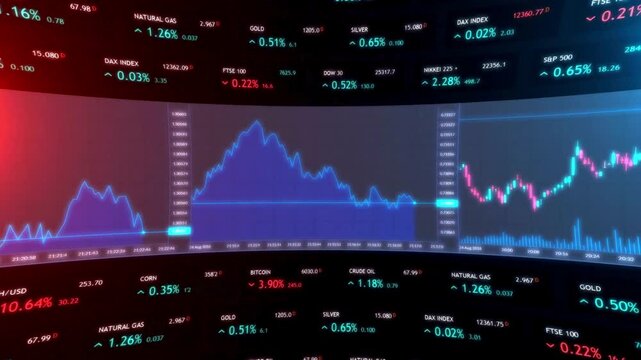 Financial Dashboard Featuring Candlestick Charts and Technical Indicators for Stock Market Analysis. The increase and decrease of asset value in Financial market and stock exchange. 