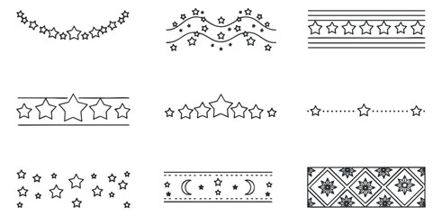 A collection of decorative star borders in black and white minimalist vector style, ideal for festive designs and celebrations