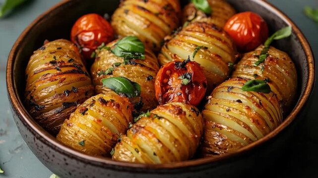A rustic, hearty baked potato with tomatoes and fresh basil on top, served in a ceramic bowl.