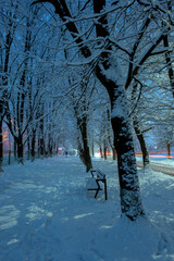 Winter evening in the city park. Cleared snowy road in the evening city park, footprints in the snow, warm light of lanterns. Time for cozy winter walks.