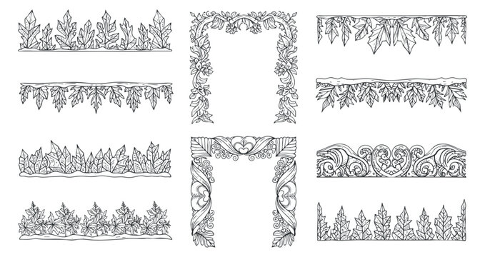 A collection of decorative leaf borders and frames in intricate hand-drawn line art style, ideal for invitations and design projects