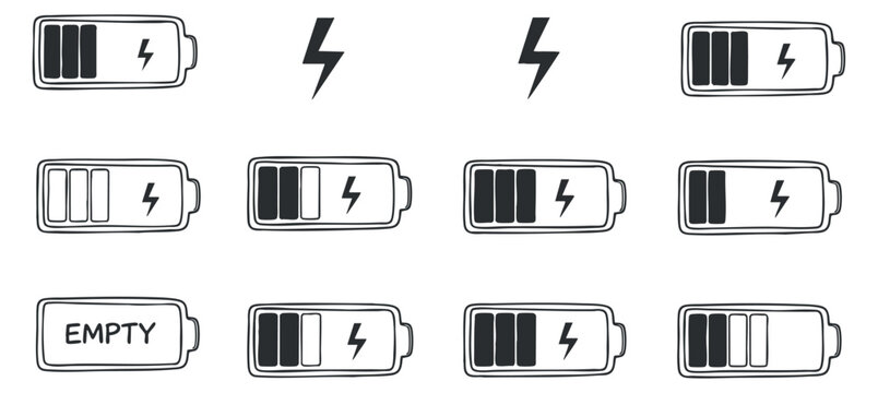 A set of battery icons in outline style showing various charge levels and empty status, ideal for technology design and user interfaces