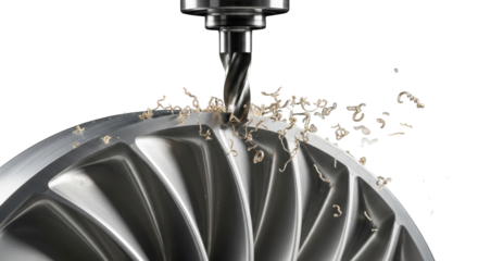 extreme macro photo of a high-speed carbide end mill carving a reflective aluminum turbine blade, ejecting golden swarf against a stark black void. concept of advanced manufacturing precision