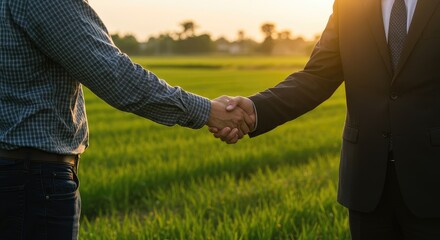 Handshake in Golden Hour: Agreement in Green Field, Business Partnership Concept