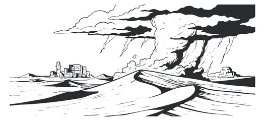 A dramatic desert landscape with storm clouds looming over a distant town in black and white vector style, ideal for environmental themes