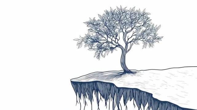A stylized of a tree perched on the side of a steep cliff.
