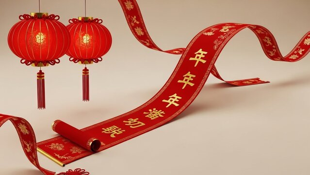 Traditional red Chinese lanterns and gold-inscribed scroll against a neutral backdrop