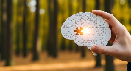 Creative concept of mental health with human hand holding a brain jigsaw puzzle against a sunset forest backdrop
