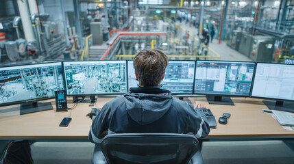 A man sits in front of multiple computer monitors in a control room