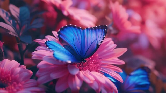 A close-up graph of a brightly colored butterfly perched on pink and purple flowers.