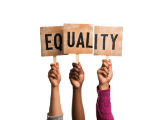 Diverse hands hold wooden equality signs people diversity