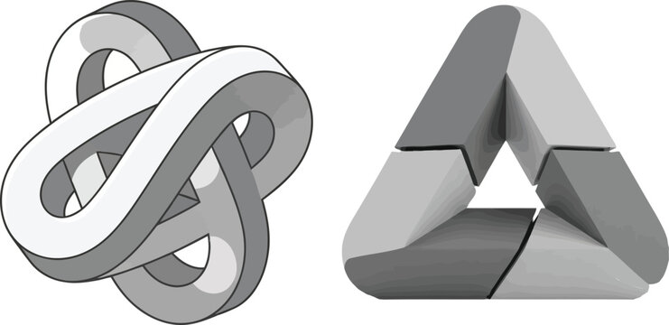 Conceptual geometric optical illusions showcasing a complex knot and a paradoxical triangular form, presented as a grayscale 3D vector illustration perfect for abstract graphic design elements