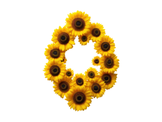 Bright yellow sunflowers arranged in a circular pattern floral arrangement