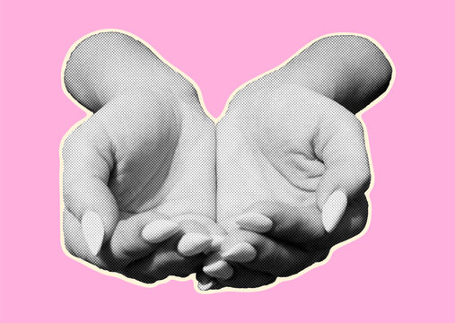 Give to gain halftone collage with woman hands. #givetogain campaign for womens day 2026. Givetogain campaign for March 8