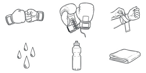 A collection of boxing-related elements including gloves, fists, water bottle, sweat drops, and towel in outline vector style, suitable for sports and fitness designs