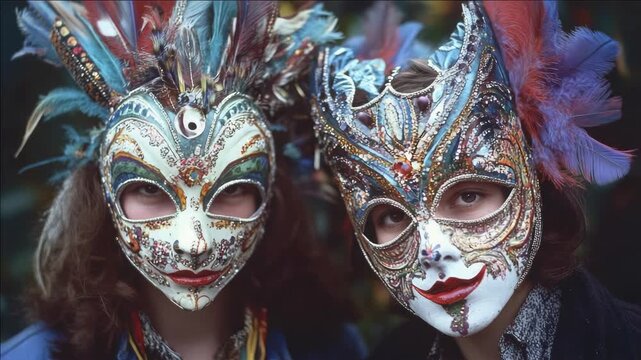 Two people wearing colorful mascara masks for a festive event.