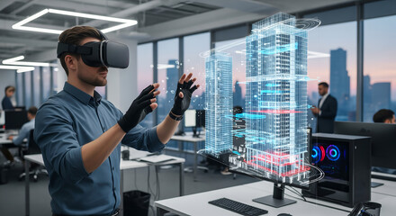Fototapeta premium Architect using VR headset to explore 3D building model in modern office