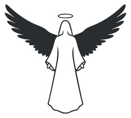 An angel with large wings and a halo in black and white outline vector style, ideal for religious themes and spiritual designs