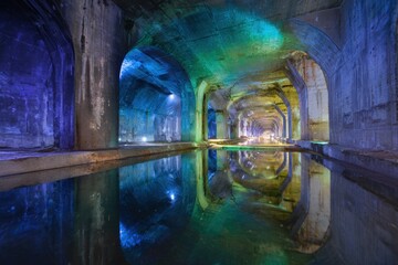 Illuminated abandoned tunnel in France with flooded passage reflecting colorful lights on the ceiling and walls