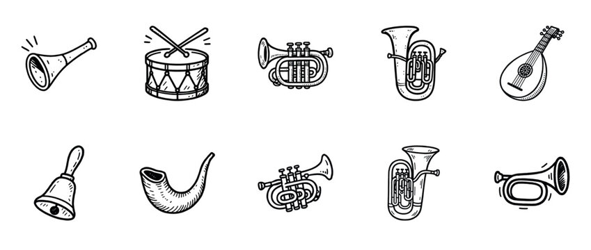 Collection of hand-drawn musical instruments including horn, drum, trumpet, and more