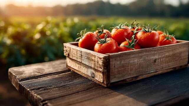 Freshly picked red tomatoes in a rustic wooden crate on a plank table, with a blurred field of green plants in agricultural background