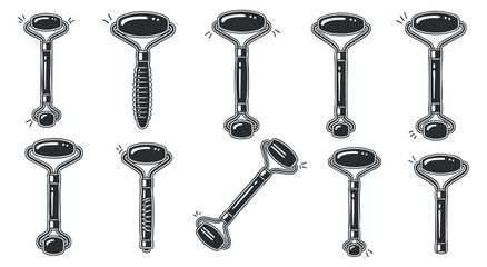 A collection of various plungers in black and white outline vector style, ideal for plumbing and household maintenance projects