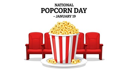 Celebrating national popcorn day on january nineteen with a large striped bucket overflowing with fluffy popped kernels surrounded by empty red theater seats symbolizing cinematic snack enjoyment.