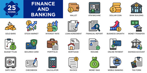 Finance And Banking icon collection set. Containing Wallet, ATM Machine, Dollar Coin, Bank Building, Safe Vault, Checkbook, Calculator, Invoice, Money Bag, Mobile Banking icon