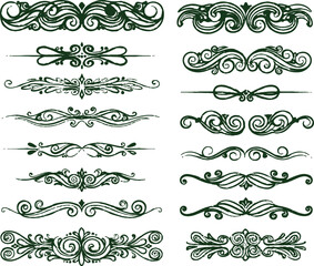 The image showcases a collection of twelve horizontally oriented floral ornaments, each designed with intricate and flowing elements in a dark green color