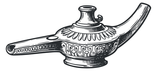 An ornate oil lamp in hand-drawn vintage style, suitable for cultural or historical themes and artistic projects