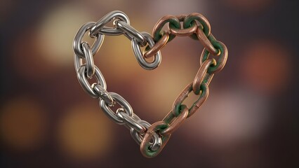 Obraz premium Heavy metal chains formed into a heart shape with contrast between polished silver links and rusted copper links