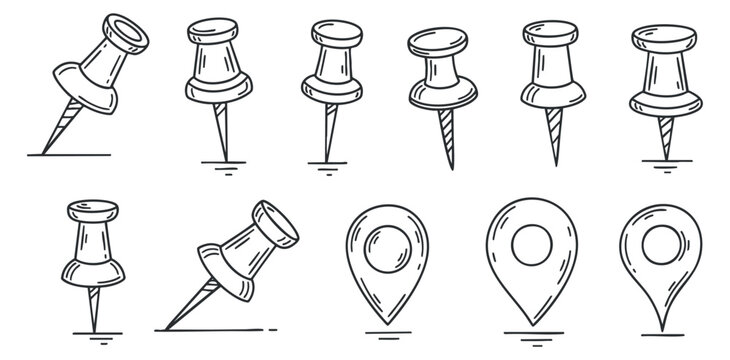 A collection of hand-drawn pushpins and location markers in a sketchy outline vector style, suitable for graphic design projects