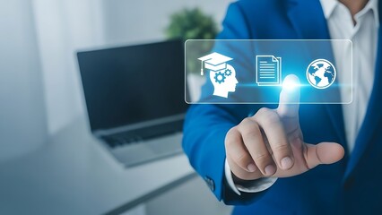 Businessman interacting with digital education icons on transparent screen