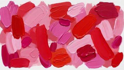 Abstract background of artistic red and pink paint strokes or lipstick swatches with thick texture on white canvas