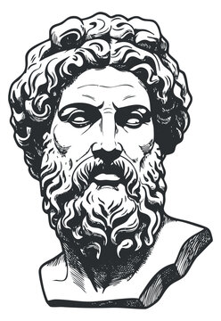 A detailed illustration of Zeus, the Greek god, in a black and white outline vector style, ideal for educational and cultural projects