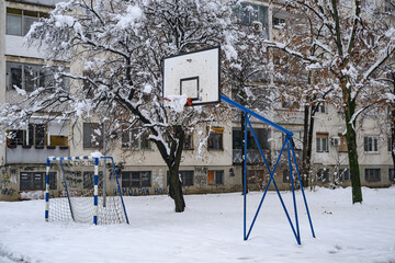 Novi Sad, Serbia - January 05, 2026: The football goal net, covered with hoarfrost and snow © nedomacki