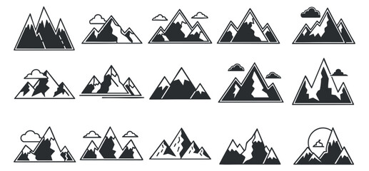 A collection of mountain landscape icons in black and white minimalist vector style, ideal for outdoor and adventure branding