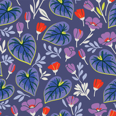 Hand drawn botanical print featuring purple caladium foliage and orange poppies for textile design and gift wrap.