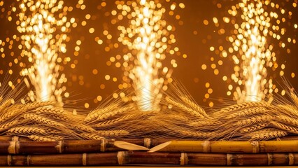 Golden wheat stalks and bamboo sticks against a backdrop of bright fireworks bokeh