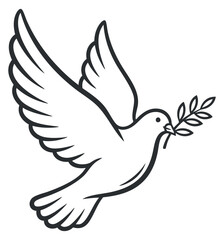 Obraz premium A flying dove carrying an olive branch in outline minimalist vector style, ideal for peace-themed designs and symbols