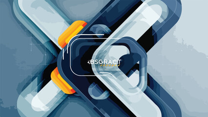 A blue and white abstract design with yellow accents and text