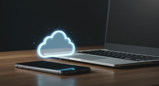 Holographic Cloud Icon Hovering Over Modern Tech Devices - Powered by Adobe