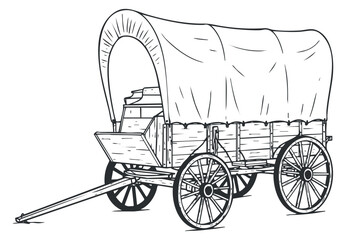 A vintage wooden wagon with a canvas cover in black and white outline vector style, ideal for historical illustrations and travel themes