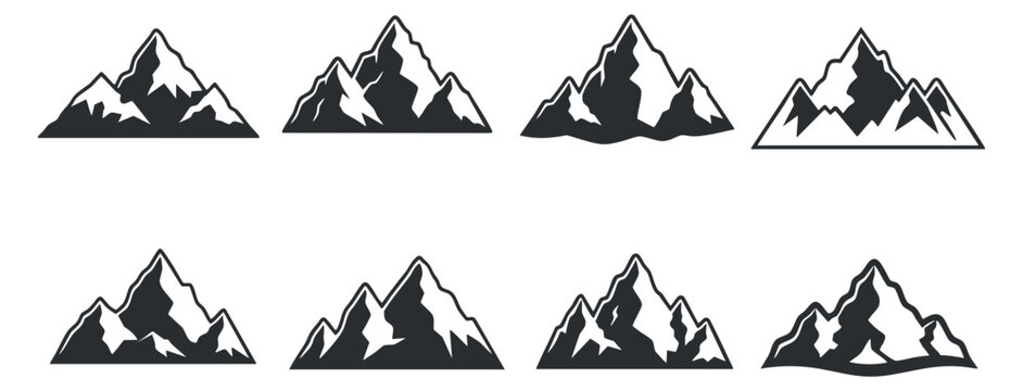 A collection of eight mountain icon illustrations in black and white minimalist vector style, ideal for outdoor adventure themes and travel branding