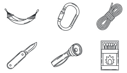 A collection of outdoor adventure tools including a hammock, carabiner, rope, knife, flashlight, and matchbox in minimalist line art style, perfect for camping and exploration themes