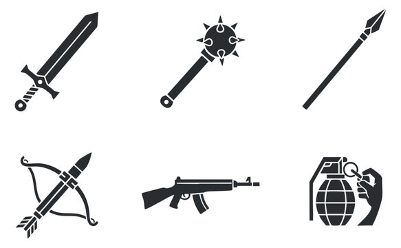 A collection of various weapons including a sword, mace, spear, crossbow, gun, and grenade in flat black and white vector style, ideal for military and gaming design projects