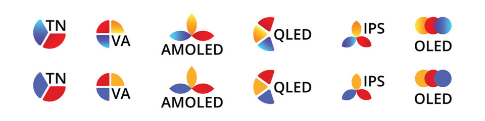 Display technologies: tn, va, amoled, qled, ips, oled logos.